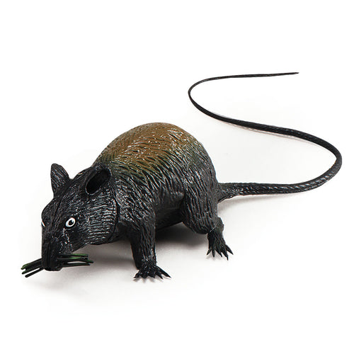 Black plastic rat with a long tail. When you squeeze it, it squeaks.