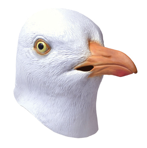 funny full face rubber seagull mask, white with yellow eye and orange beak