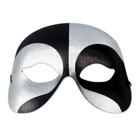 Half black half silver rigid half face mask with elastic tie.