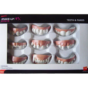 A box of 9 plastic joke teeth than fit on your top row of teeth. Includes over sized and broken teeth as well as vampire fangs. 
