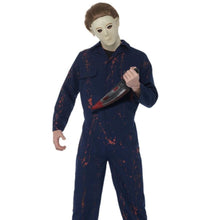 Load image into Gallery viewer, Blue fabric boiler suit. Plastic knife, black handle, silver blade with blood stains. Overhead rubber mask with openings for eyes, white with brown hair and eyebrows.
