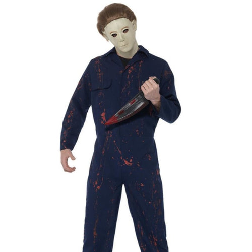 Blue fabric boiler suit. Plastic knife, black handle, silver blade with blood stains. Overhead rubber mask with openings for eyes, white with brown hair and eyebrows.