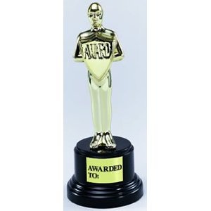 plastic gold oscar style award on a black base that says 'Awarded to:'
