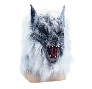 a scary full face rubber werewolf mask with white fur 
