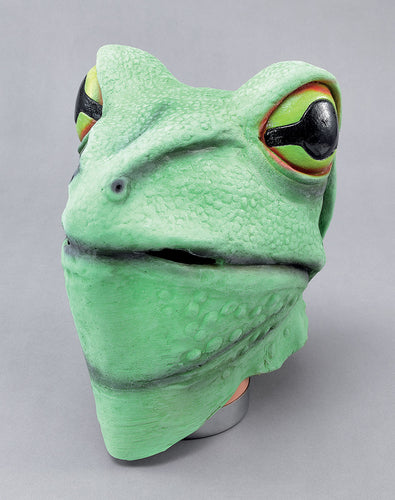 A full face rubber mask of a green frog with yellow eyes