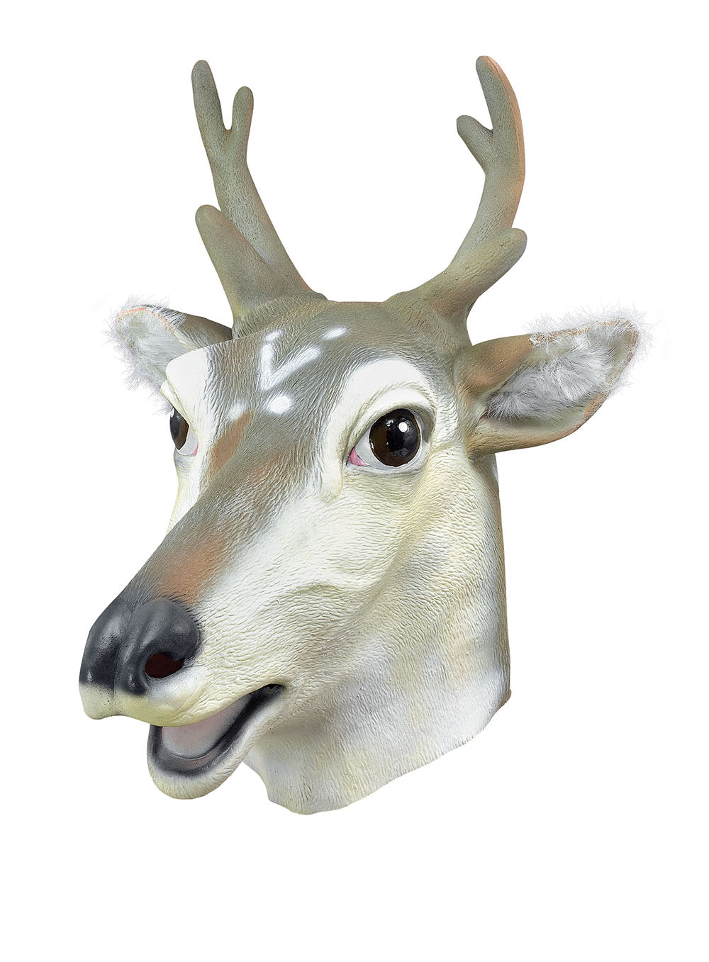 full face rubber mask stag with furry ears, brown and cream with black nose and eyes