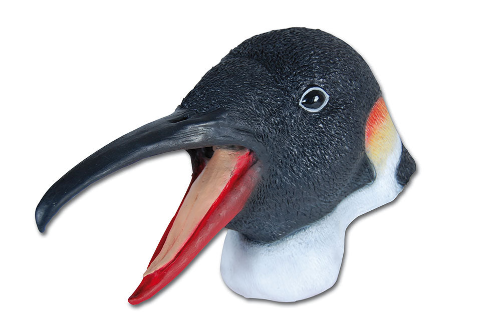 oversized rubber penguin mask realistic, black and white with red mouth 