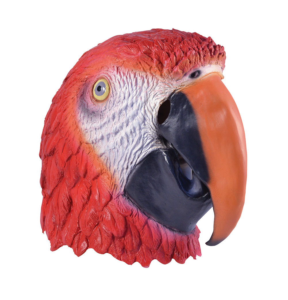 realistic over sized rubber full face mask red with white molded feathers and a black and orange beak