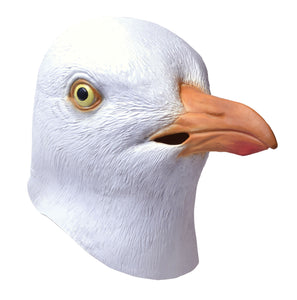 funny full face rubber seagull mask, white with yellow eye and orange beak