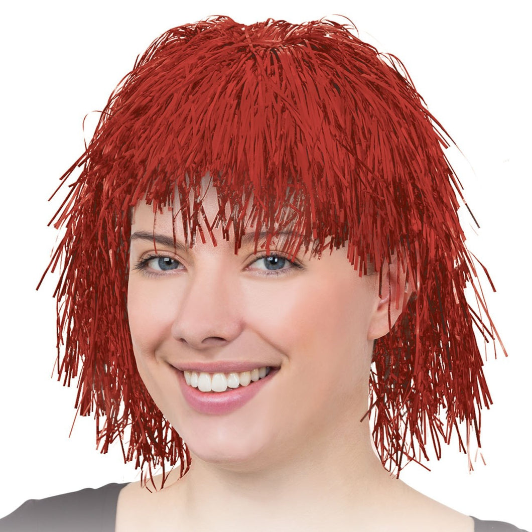 red tinsel wig
