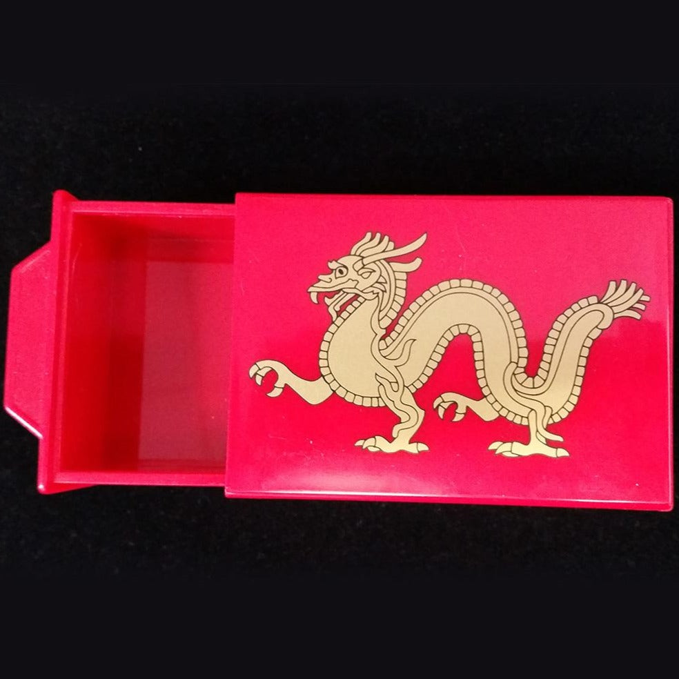 Red box with gold dragon.  4½” x 3