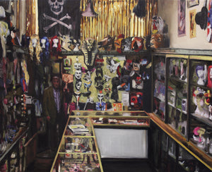 A print of an oil painting by Glasgow artist Thomas Cameron featuring the interior of Tam Shepherds Trick Shop with Limited edition print of an original oil painting by Thomas Cameron. Showing the interior of Tam Shepherds Trick Shop with Roy Walton standing behind the counter. 