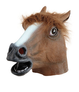 rubber full face realistic horse mask with mouth open and brown fur on top of head