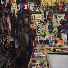 Load image into Gallery viewer, Detail of a print of an oil painting by Glasgow artist Thomas Cameron featuring the interior of Tam Shepherds Trick Shop with Roy Walton standing behind the counter. 
