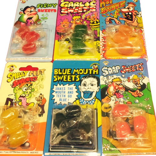 6 packets of joke sweets, contains 3 boiled sweets in each packet, individually wrapped. Includes, soap sweets, blue mouth sweets, smelly feet sweets, hot sweets, garlic sweets, fishy sweets