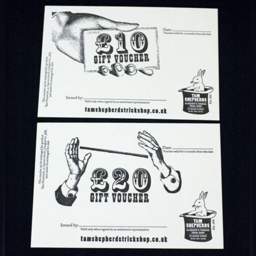 white card exclusive tam shepherds trick shop gift vouchers for £10 or £20. 