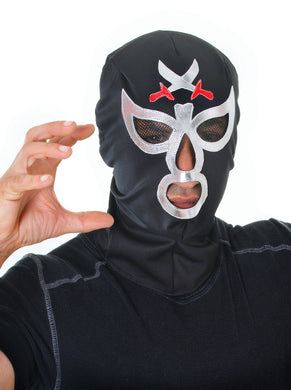 black and silver wrestler mask with holes for eyes nose and mouth